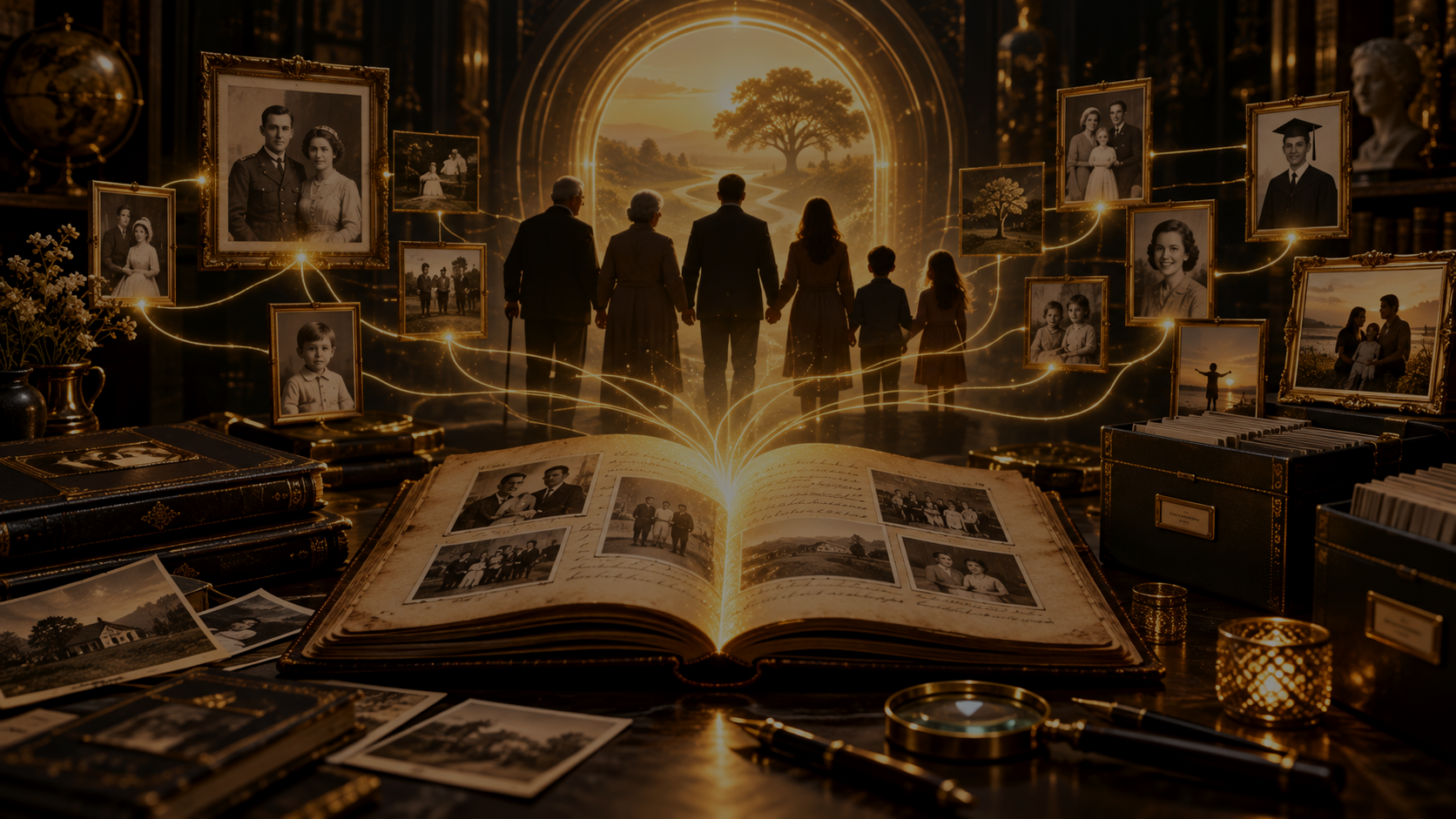 An open Book of Life radiating golden light, connecting memories across generations.